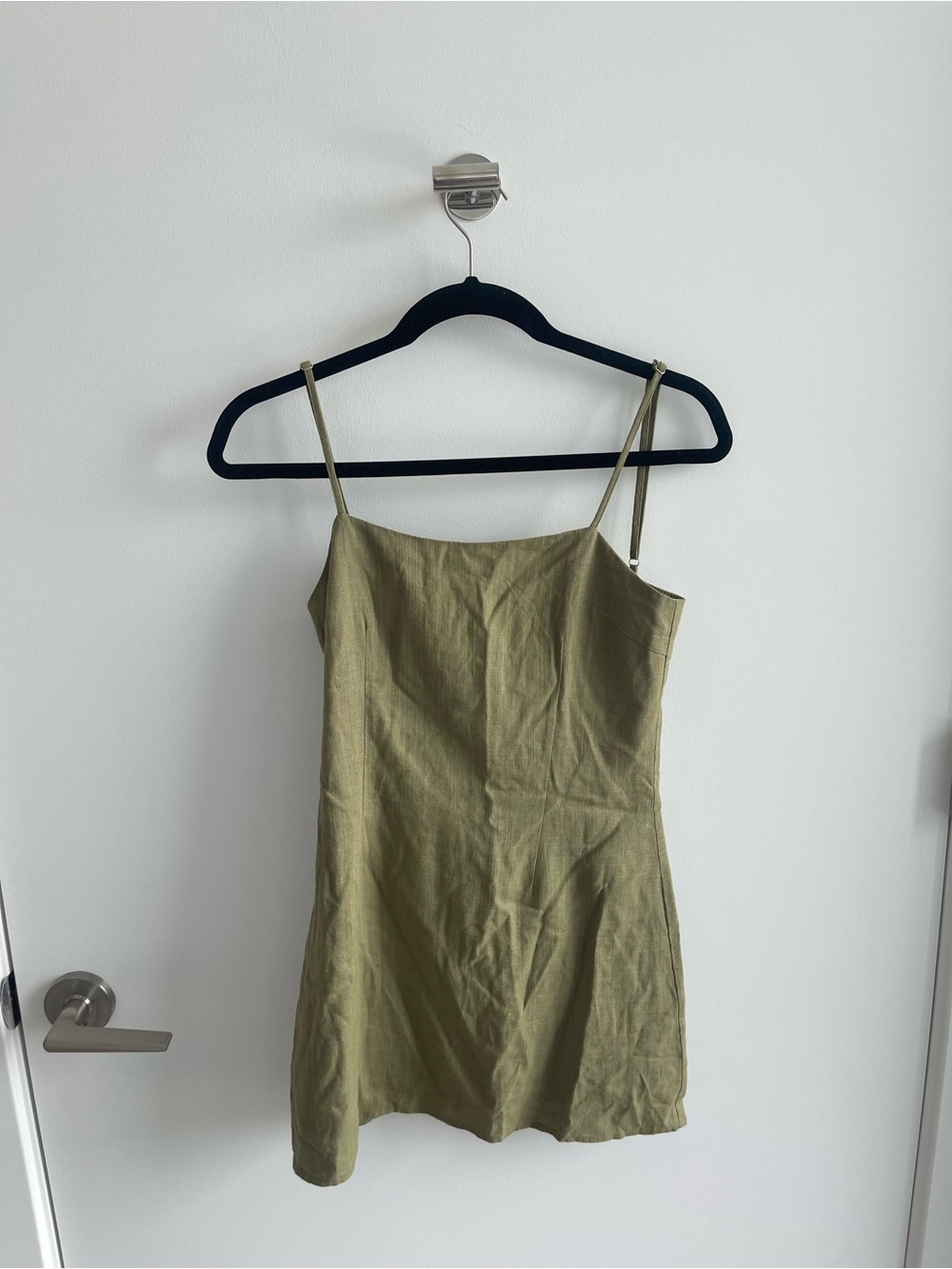 SNDYS. Olive Green Linen-Blend Spaghetti Strap Dress